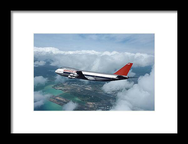 Northwest Orient Airlines Framed Print featuring the mixed media Northwest Airlines Boeing 747 over Hawaii by Erik Simonsen