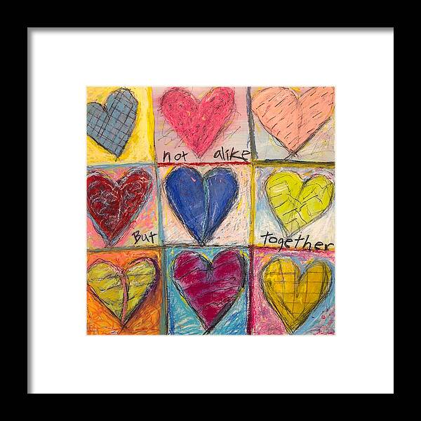 Hearts Framed Print featuring the mixed media Not Alike But Together by Lynda Zahn