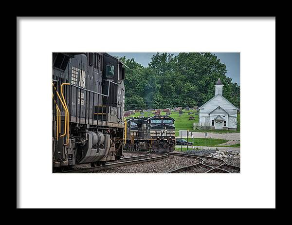 Railroad Framed Print featuring the photograph NS 124-31 Meets NS 376-01 At Taswell Indiana by Jim Pearson