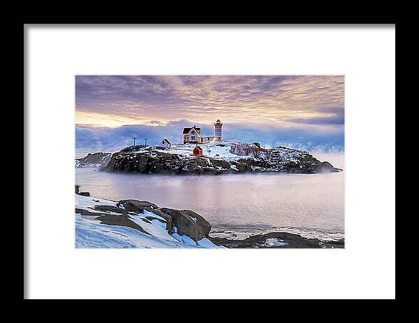 Nubble Framed Print featuring the photograph Nubble Light Sea Smoke by Mike Mcquade