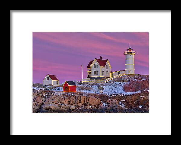 Nubble Lighthouse Framed Print featuring the photograph Nubble Light with Christmas Decoration by Juergen Roth