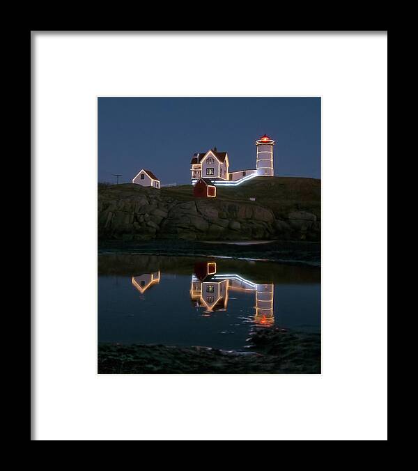 Nubble Framed Print featuring the photograph Nubble Light York Maine at Blue Hour by Betty Denise