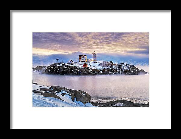 Nubble Framed Print featuring the photograph Nubble Lighthouse in Winter by Mike Mcquade