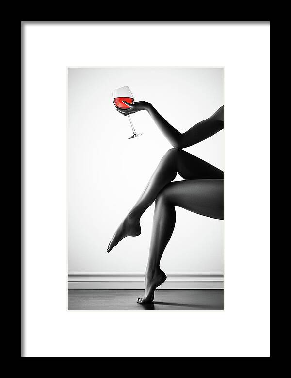 Woman Framed Print featuring the photograph Nude woman red wine 5 by Johan Swanepoel