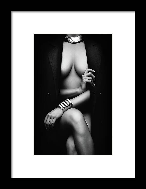 Woman Framed Print featuring the photograph Nude Woman with jacket 1 by Johan Swanepoel