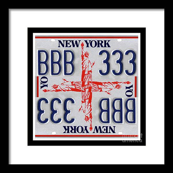 New York Framed Print featuring the mixed media NY Statue of Liberty Cross Print - Recycled New York License Plates Art by Steven Shaver
