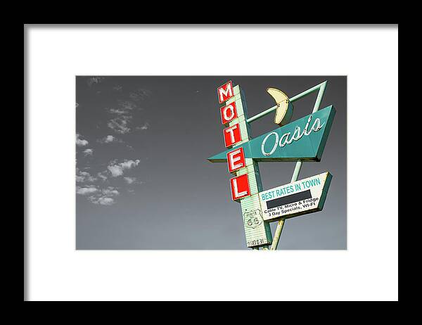 Oasis Motel Framed Print featuring the photograph Oasis Motel Vintage Neon Sign - Route 66 Icon - Tulsa Oklahoma by Gregory Ballos