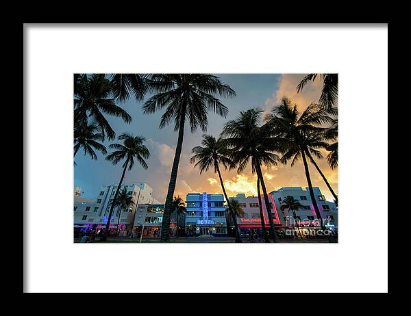 Palm Framed Print featuring the photograph Ocean Drive in South Beach Miami at Sunset by Beachtown Views