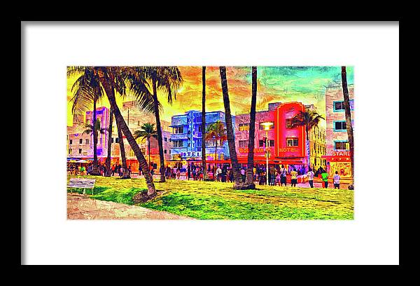Ocean Drive Framed Print featuring the digital art Ocean Drive near the Colony Hotel in Miami Beach at sunset - impasto oil painting by Nicko Prints