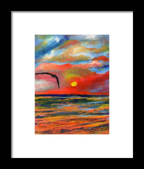Sunset Framed Print featuring the painting Ode To Bird Flight at Sunset Over the Ocean by Susan Grunin