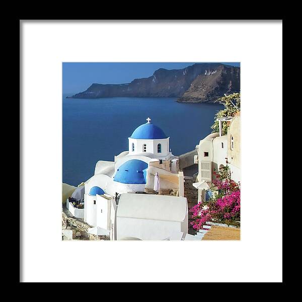 Santorini Framed Print featuring the photograph Oia Santorini Blue Domes by Rebecca Herranen