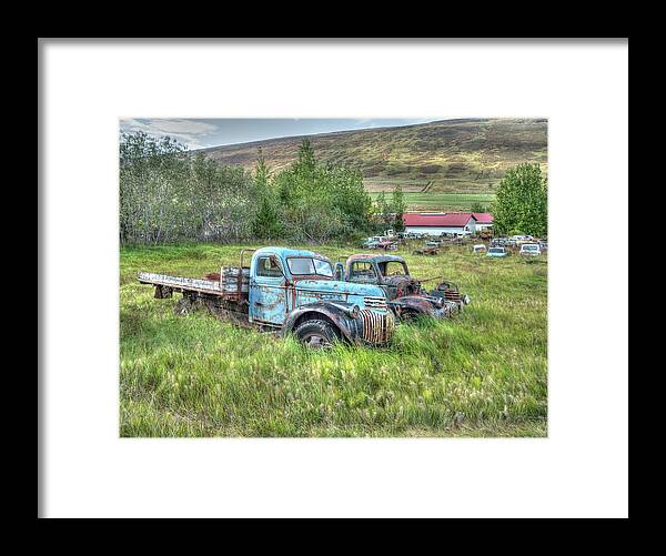 Ford Chevy Framed Print featuring the photograph Old Chevys at Ystafell Museum Iceland by Kristia Adams
