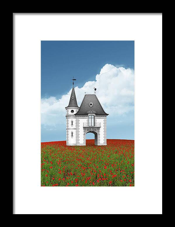 Lonely House Framed Print featuring the digital art Old gatehouse in a red poppy field in France by Moira Risen