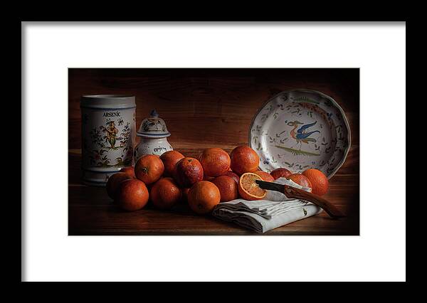 Old Master Framed Print featuring the photograph Old Maestra Blood Oranges and French Faience Pottery by Jean Gill