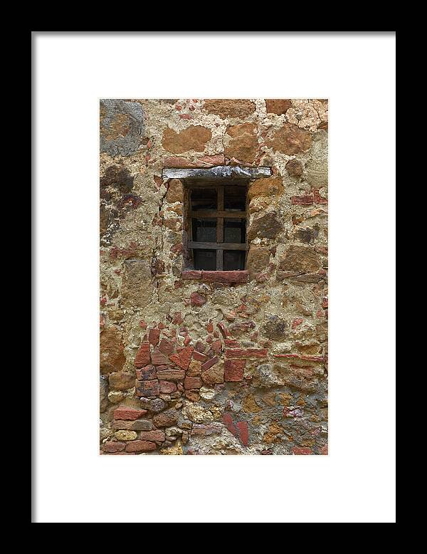 Background Framed Print featuring the photograph Old Stone And Brick Wall With Window by Mikhail Kokhanchikov