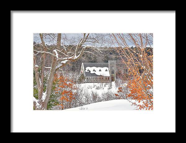 Old Framed Print featuring the photograph Old Stone Church in winter by Monika Salvan