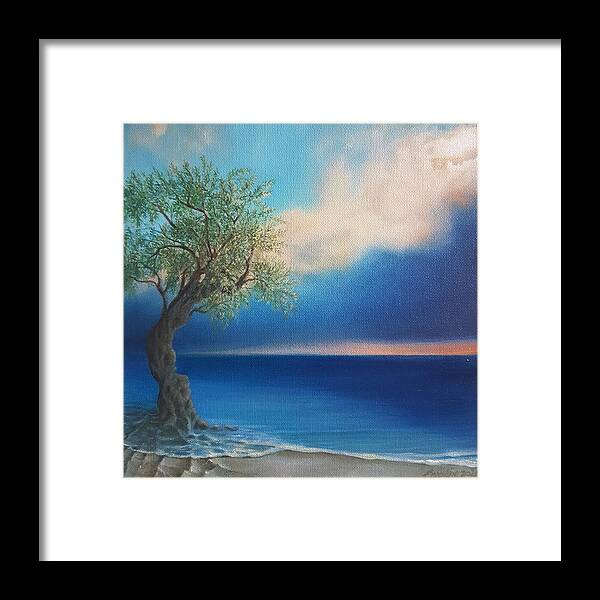 #oiloncanvas Seascape #olivetree Framed Print featuring the painting Olive and Sea 2 by Caroline Philp
