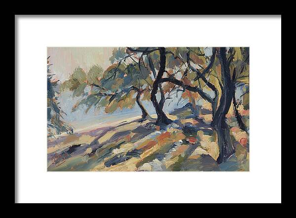 Paxos Framed Print featuring the painting Olive trees at Marmari beach on Paxos by Nop Briex