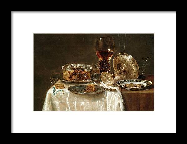 Olives In A Blue And White Porcelain Bowl Framed Print featuring the painting Olives in a Blue and White Porcelain Bowl by Willem Claeszoon Heda