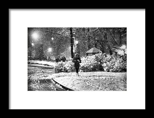 Snow Scene Framed Print featuring the photograph On a Snowy Night in Central Park No. 2 by Steve Ember