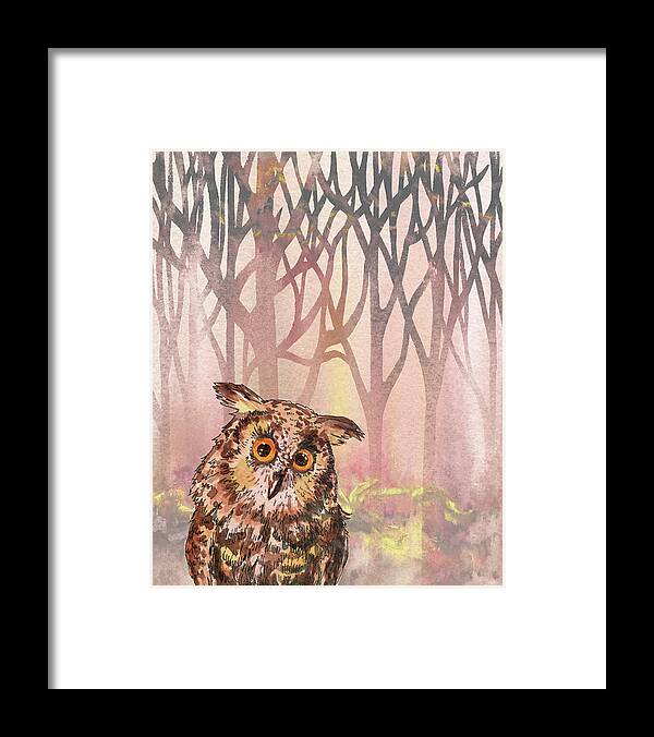 Cute Owl Framed Print featuring the painting On Forest Watch Cute Baby Owl Watercolor by Irina Sztukowski