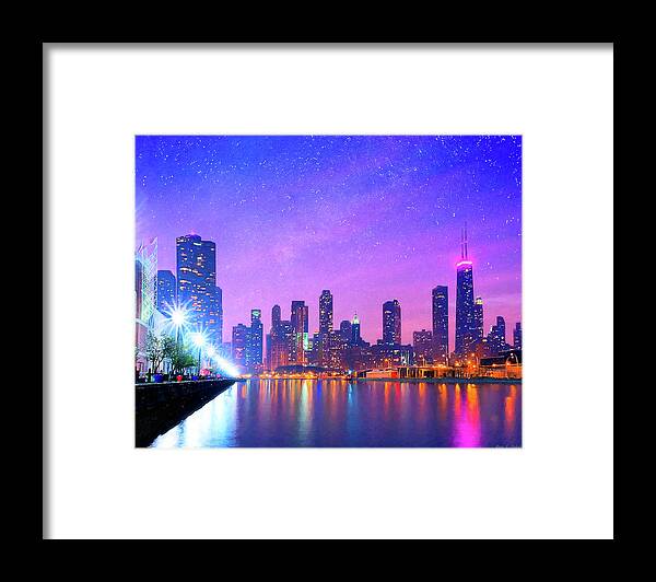 Chicago Framed Print featuring the mixed media One Magical Night In The Windy City - Chicago Skyline by Mark E Tisdale