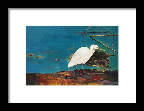 Egret Framed Print featuring the painting One With Nature by Kim Shuckhart Gunns