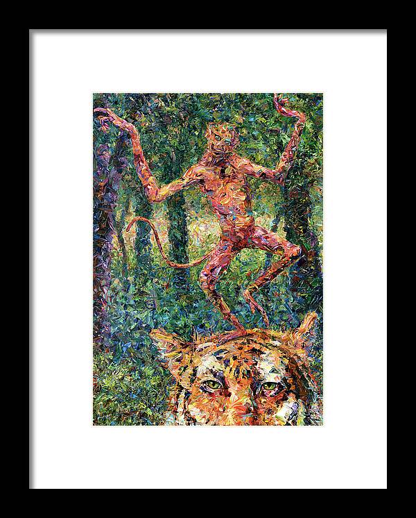 Monkey Framed Print featuring the painting Only a Crazy Monkey dances on a Tiger's Head by James W Johnson
