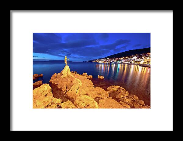 Opatija Framed Print featuring the photograph Opatija bay statue and waterfront at sunset view by Brch Photography