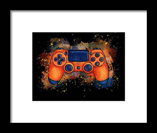Gaming Framed Print featuring the painting Orange game controller splatter art, gaming by Nadia CHEVREL