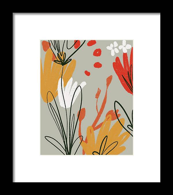 Orange Garden Framed Print featuring the digital art Orange Garden 1 - Minimal Contemporary Abstract - Red, Yellow, Orange, Black, White, Grey by Studio Grafiikka