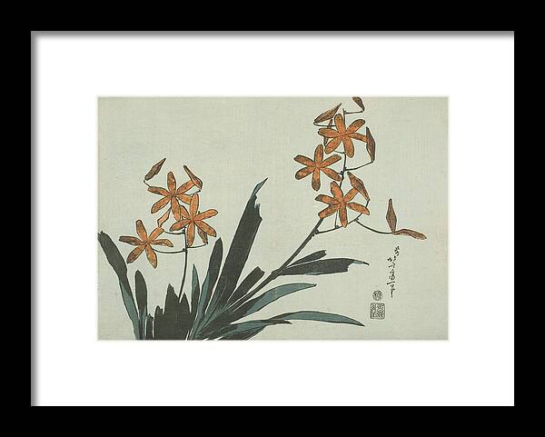 19th Century Art Framed Print featuring the relief Orange Orchids, from an untitled series of flowers by Katsushika Hokusai