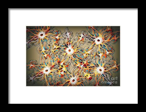 Decoration Framed Print featuring the mixed media Ornamental structure and fractal effect on black background. by Jozef Klopacka