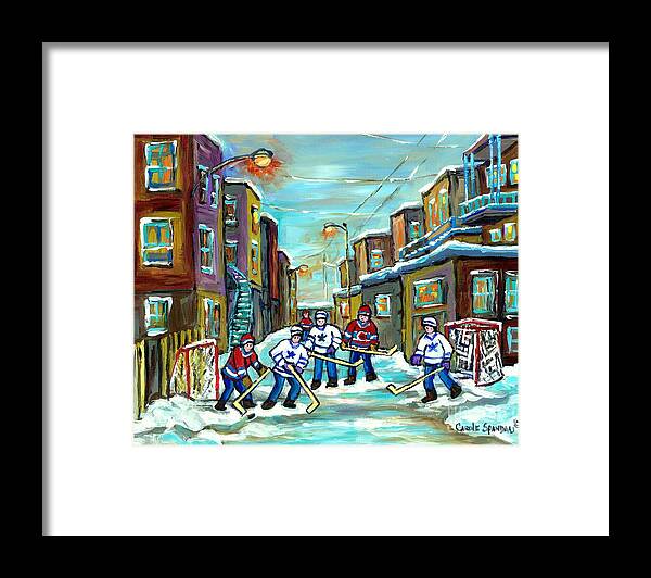 Montreal Framed Print featuring the painting Outremont Back Lanes Hockey Game Kids Winter Fun Rosemont To Verdun To Psc C Spandau Montreal Artist by Carole Spandau