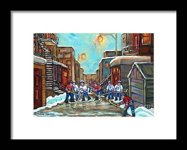 Montreal Framed Print featuring the painting Outremont Back Lanes Hockey Park Ex To Rosemont To Verdun Kids Winter Fun Montreal Artist C Spandau by Carole Spandau