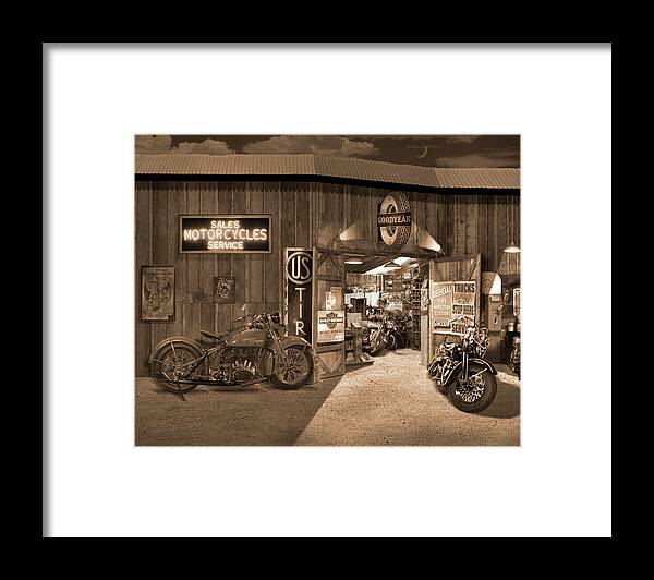 Motorcycle Framed Print featuring the photograph Outside The Old Motorcycle Shop - Spia by Mike McGlothlen