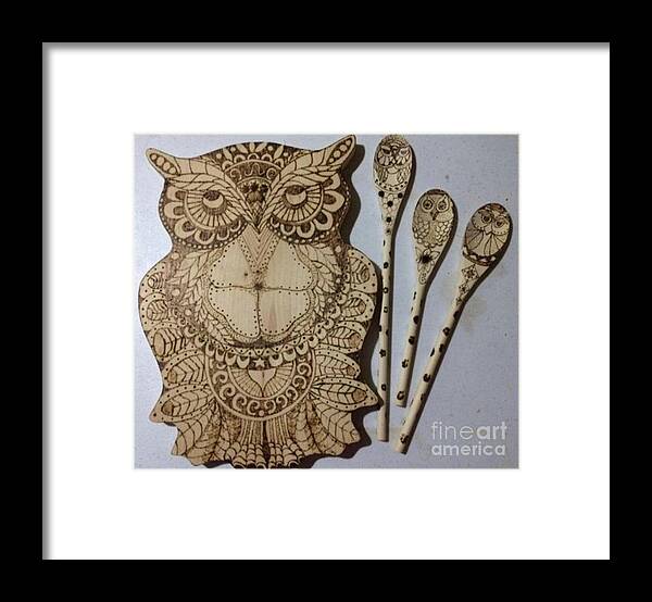 Owl Framed Print featuring the pyrography Owl and Spoons by Denise Tomasura