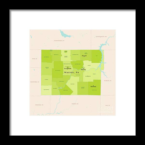 County Framed Print featuring the digital art PA Warren County Vector Map Green by Frank Ramspott
