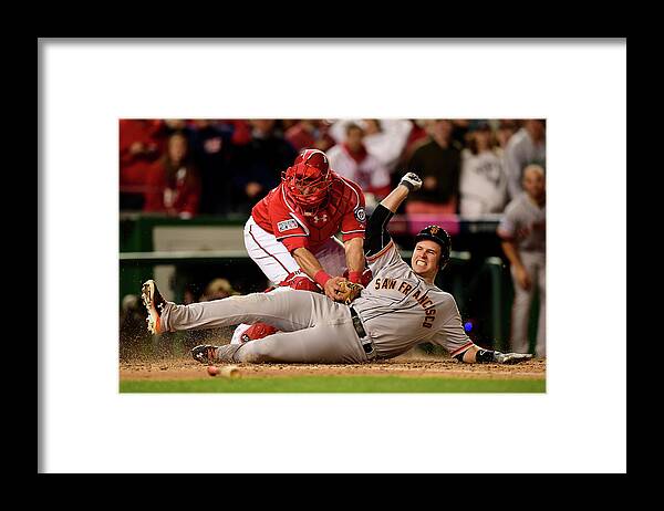 Game Two Framed Print featuring the photograph Pablo Sandoval, Wilson Ramos, and Buster Posey by Patrick Smith