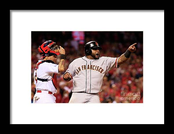 Game Two Framed Print featuring the photograph Pablo Sandoval, Yadier Molina, and Hunter Pence by Jamie Squire