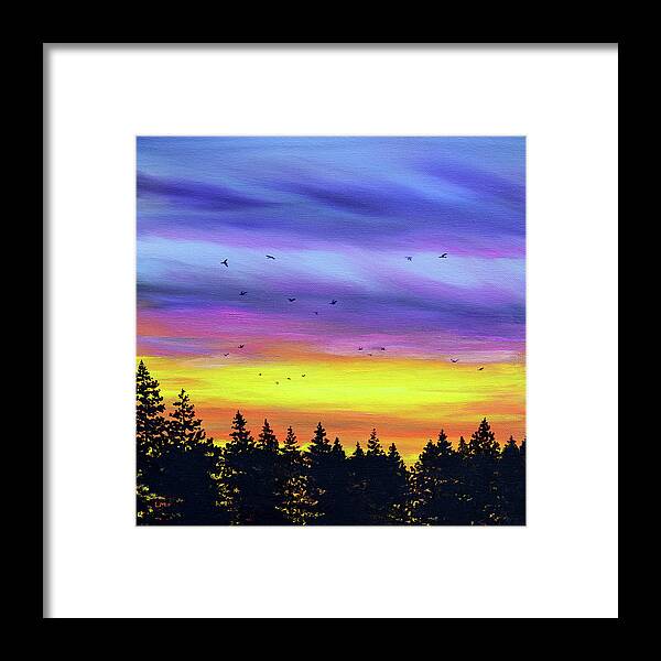 Geese Framed Print featuring the painting Pacific Northwest Sunset over Pine Trees by Laura Iverson