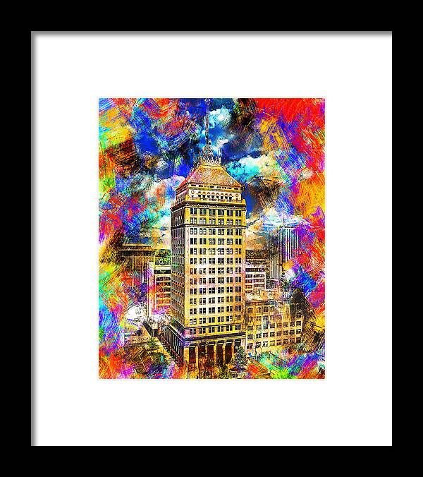 Pacific Southwest Building Framed Print featuring the digital art Pacific Southwest Building in Fresno - colorful painting by Nicko Prints