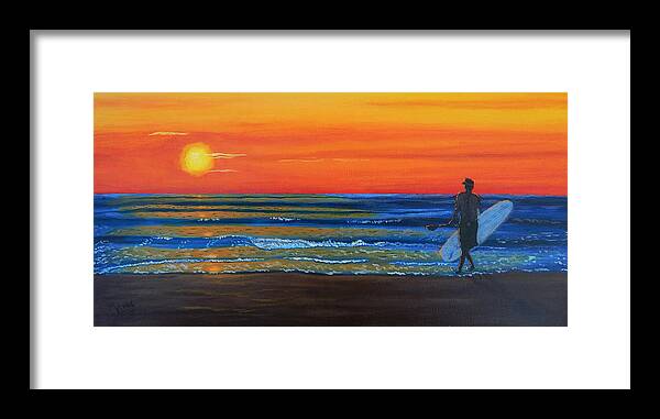 Surf Framed Print featuring the painting Paddle Up, Let's Ride by Mike Kling