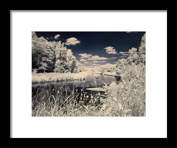 Yahara Framed Print featuring the photograph Paddling the Yahara River - kayaks on river, shot in Infrared by Peter Herman