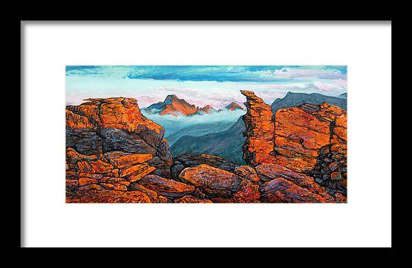 Rocky Mountain National Park Framed Print featuring the painting Painting - Longs Peak and Rock Cut Sunset by Aaron Spong