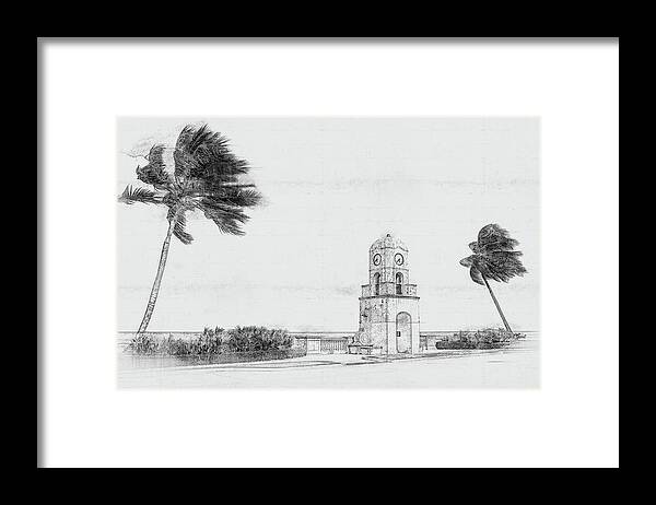 Tower Framed Print featuring the digital art Palm Beach Worth Avenue clock tower Florida USA, hand drawn style pencil sketch by Maria Kray