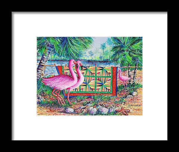 Palm Quilt Framed Print featuring the painting Palm Quilt Flamingos by Diane Phalen