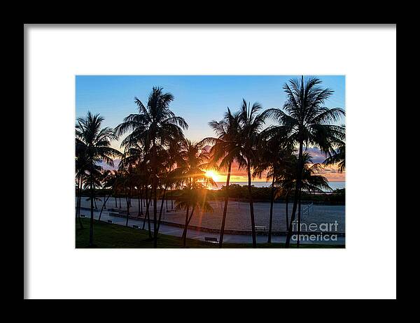 Palm Framed Print featuring the photograph Palm Tree Sunset on Ocean Drive South Beach Miami by Beachtown Views