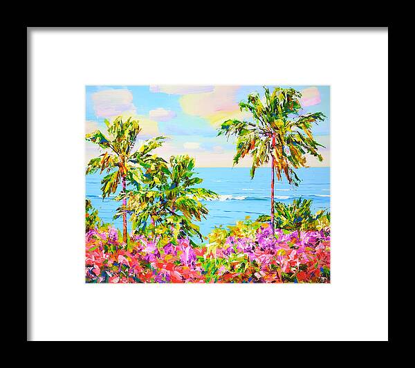 Ocean Framed Print featuring the painting 	Palms. Ocean. Flowers. by Iryna Kastsova
