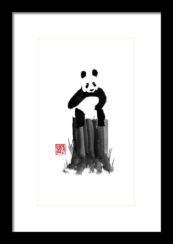 Panda Framed Print featuring the drawing Panda On His Tree by Pechane Sumie